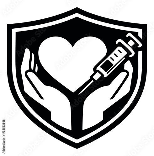 Graphic illustration of a medical shield icon depicting hands protecting a heart with a syringe for healthcare and vaccination concepts