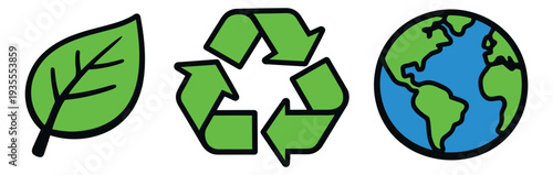 Hand drawn line art ecology icons set featuring a green leaf, a recycling symbol, and planet earth for environmental concepts