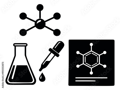 Minimalist science icon set featuring a laboratory flask, a dropper, and molecular structures for scientific experiment and research