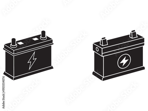 Two car batteries with lightning bolt symbols on white background for energy and power concepts  automotive and electrical illustrations