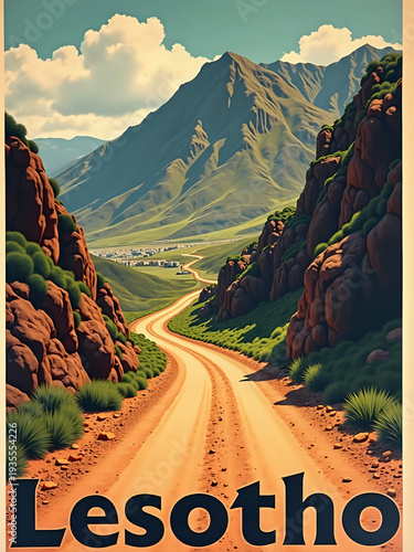 A winding dirt road leads through rocky terrain and green valleys in Lesotho. Mountains rise in the background under a blue sky with clouds. A small settlement is visible in the far distance.