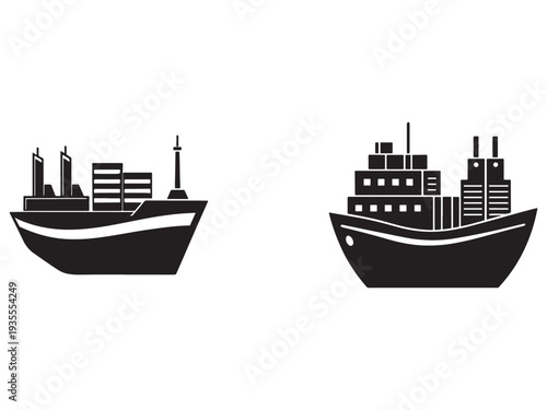 Two cargo ships with containers on deck side view  cargo ship silhouette  container vessel