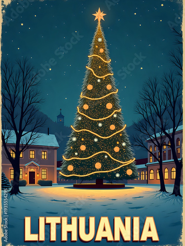 A Christmas tree stands tall in Lithuanias town square at night. The tree is decorated with lights and ornaments. Snow covers the ground. Houses are visible nearby. Stars shine in the sky.