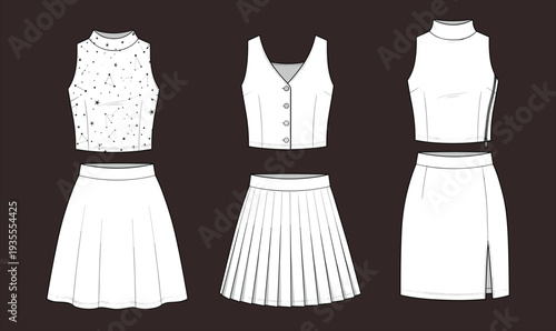 Women, clothing, set, crop, tops, skirts, technical, fashion, flat, sketch, apparel, template, vector, illustration, design, front, view, stylish, collection, outfit