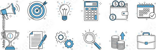 Business and Marketing Line Icons Collection with Target Lightbulb Calculator Wallet Calendar Trophy Gears Coins and Briefcase Isolated Vector Illustration Set
