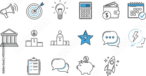 Business and Finance Line Icons Set with Target Lightbulb Calculator Wallet Calendar Rocket and Communication Symbols Isolated Vector Illustration