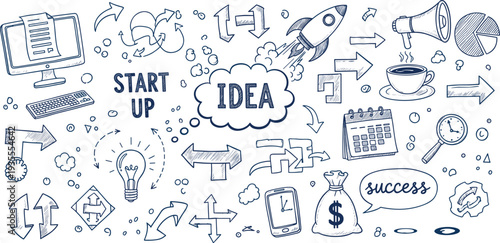 Startup Business Doodle Set with Idea Rocket Arrows Charts Lightbulb Success Icons Hand Drawn Sketch Style Vector Illustration Collection