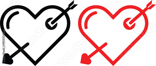 Heart with Arrow Icon Set. Love and romance symbols. Valentine's Day and passion signs. Romantic heart and target icon. Love hit and emotion design
