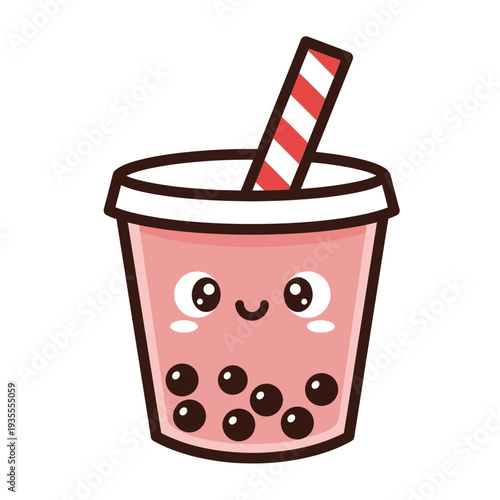 A cartoon bubble tea drink with a smiley face and a red striped straw in a cup, depicted from a straightforward front view, illustrating a fun beverage.