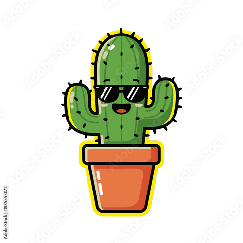 A cartoon cactus wearing sunglasses and smiling, standing in a pot, illustrated in a playful style from a front viewpoint.