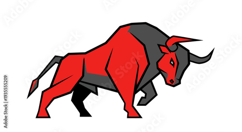 Dynamic illustration of a bold red bull charging forward with a strong black shadow, showcasing aggressive movement and power from a side viewpoint.