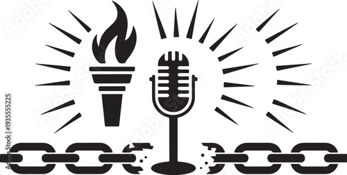 Black and white illustration of a microphone torch and broken chain symbolizing freedom of speech and journalism  powerful visual representation