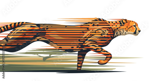 A dynamic illustration of a tiger in full sprint, showcasing its stripes and muscular structure, from a side viewpoint, in a natural environment