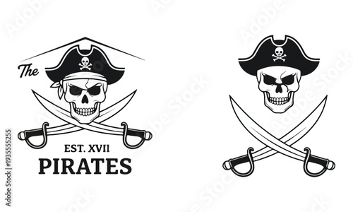 Pirate Skull, Crossed Swords Emblem, Vintage Tricorn Hat Logo
