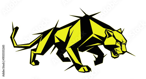 A vibrant, geometric illustration of a fierce panther in motion, showcasing sharp lines and dynamic angles, set against a clean background, viewed from a dramatic perspective.