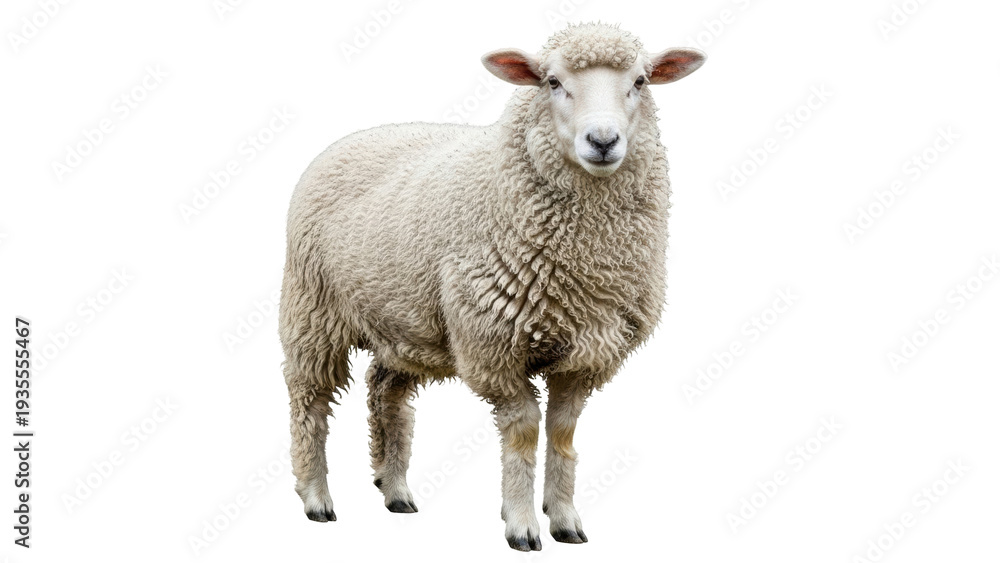 Fototapeta premium Isolated sheep standing up, looking at the camera, cute farm animal, livestock, rural scene