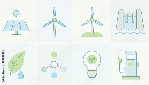 Collection of eco-friendly energy icons including solar panel, wind turbine, hydro dam, leaf, molecule, lightbulb, and charging station