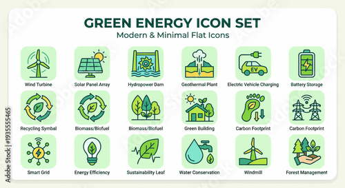 Modern & Minimalist Green Energy Icons Set - Sustainable Power Solutions