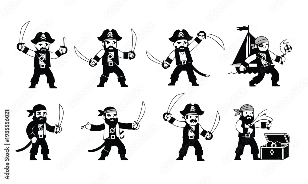 Obraz premium Cartoon Pirate Characters Collection with Sabers, Treasure and Boat