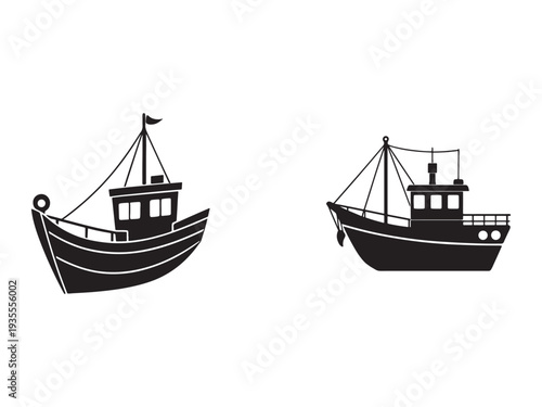 Two fishing boats with cabins and masts on white background  maritime vessels for travel and transportation