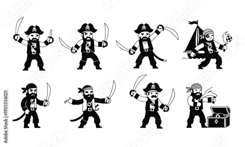 Cartoon Pirate Characters Collection with Sabers, Treasure and Boat