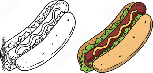 Delicious hotdog. Vector design of hotdog in color and black and white