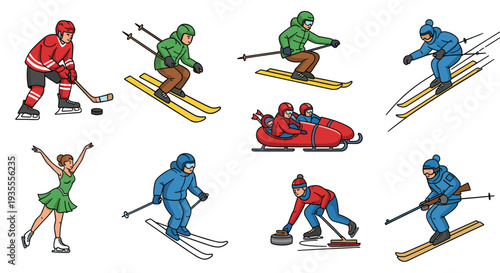 Winter Sports Athletes Cartoon Collection with Skiing, Ice Hockey, Curling, Figure Skating and Bobsleigh Vector Illustration Set