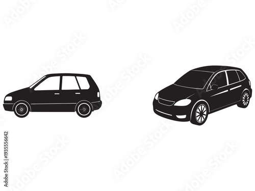Two modern cars in black color with white outlines facing different directions on white background  side view