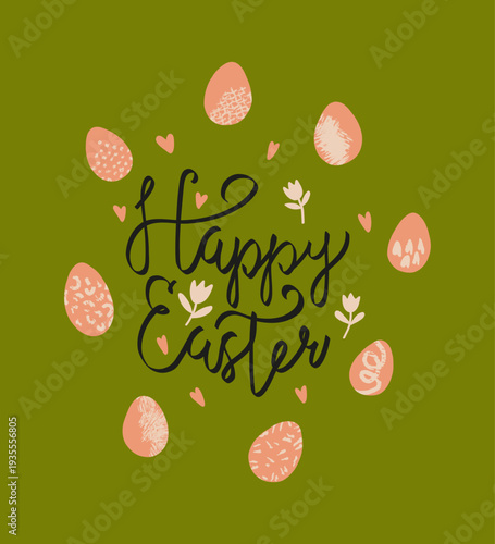 A postcard with the text Happy Easter, eggs, flowers, and hearts. A poster with spring lettering