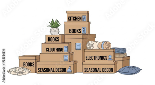 Stack of Moving Boxes with Various Household Items.