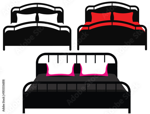 Modern bed set vector illustration, bedroom furniture silhouettes and outline designs