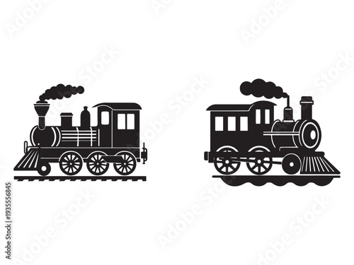Two old steam locomotives with smoke coming out of the chimney on railroad tracks  side view  vintage style