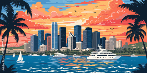 Tropical Sunset Gradient Miami Skyline Panorama – USA US U.S United States Vibrant Cityscape Vector Art