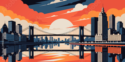 Brooklyn Skyline Waterfront at Sunset – Ultra‑Wide Flat Vector Illustration | USA US U.S United States Cityscape Art