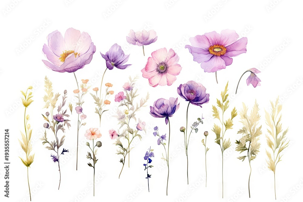 Obraz premium Watercolor flowers clipart. Delicate floral design for spring events, Easter, Womens Day, Mothers Day, wedding invitation.