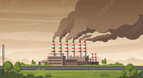 Illustration of an industrial factory with smokestacks emitting pollution in a green landscape.