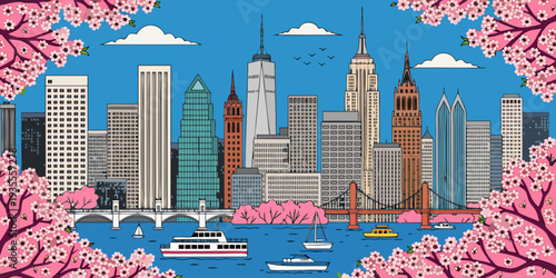 New York Skyline in Spring – Cherry Blossoms Foreground, Panoramic Flat Vector Illustration, Iconic Manhattan Cityscape, United States