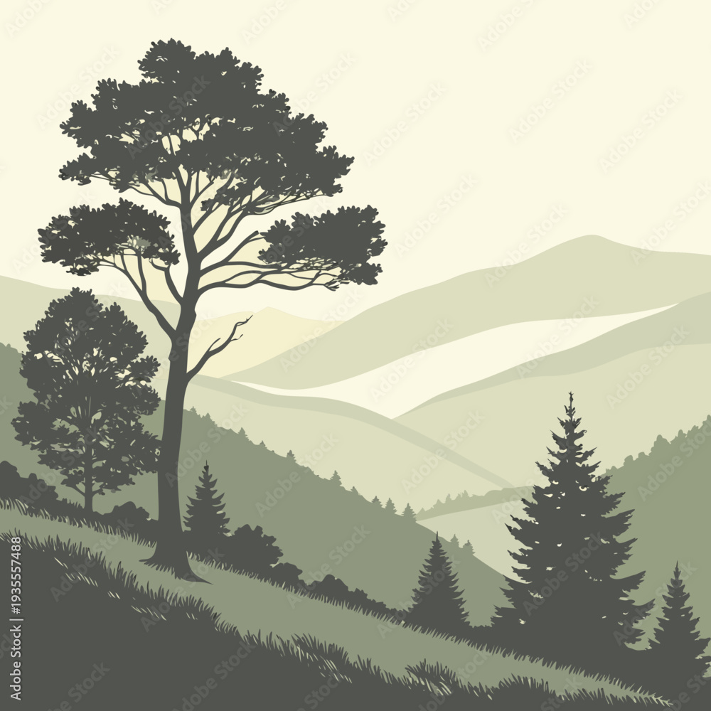 Fototapeta premium Green hillside with trees and mountains landscape nature