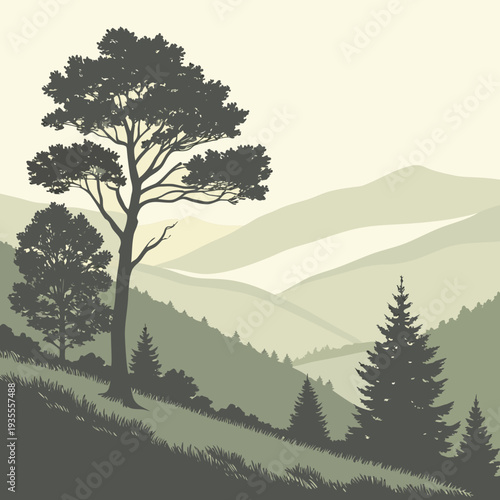 Green hillside with trees and mountains landscape nature