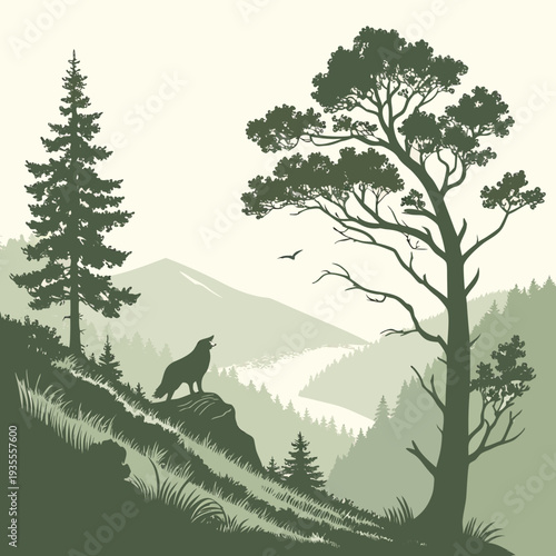Green monochrome of a wolf howling on a hill with trees and mountains