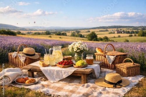 Summer picnic setup with fresh fruit and lemonade in blooming lavender field countryside