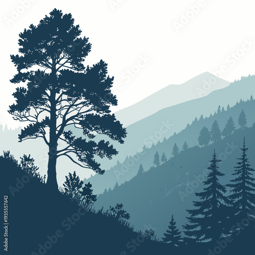 Blue silhouette of tree on mountainous landscape forest