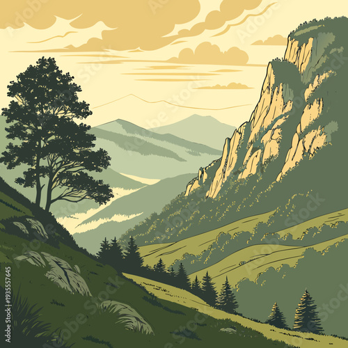 Scenic mountain landscape with cliffs trees and rolling hills