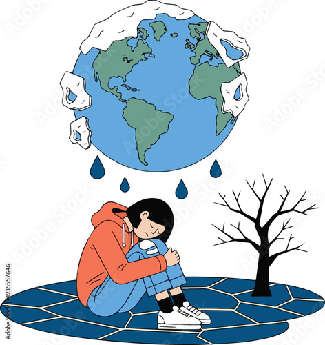 Tableau sur toile Climate Change and Global Warming Concept – Sad Girl Sitting Under Melting Earth