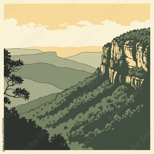 Scenic mountain landscape with cliff trees and hills