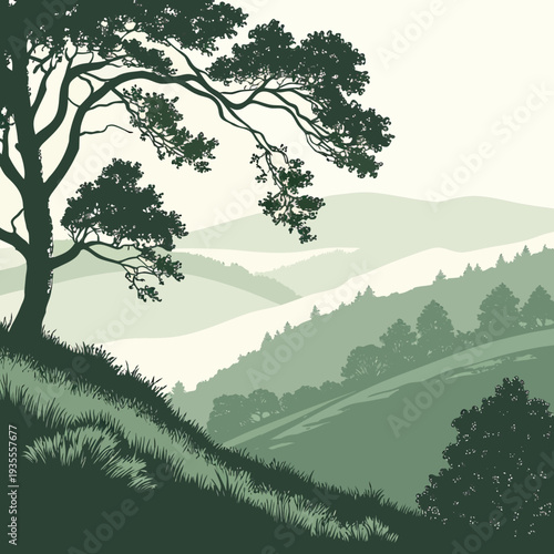 Green hillside with trees and grassy slope landscape