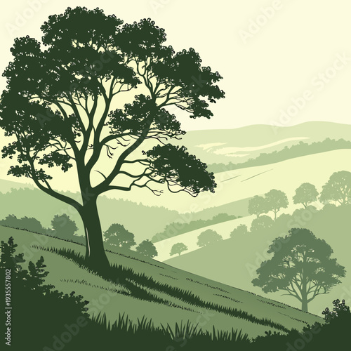 Green highlands landscape with trees on hill