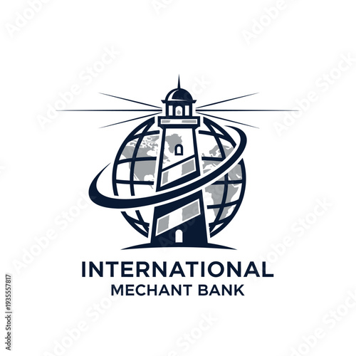 Lighthouse Standing on a Globe Logo for International Merchant Bank on Isolated White Background