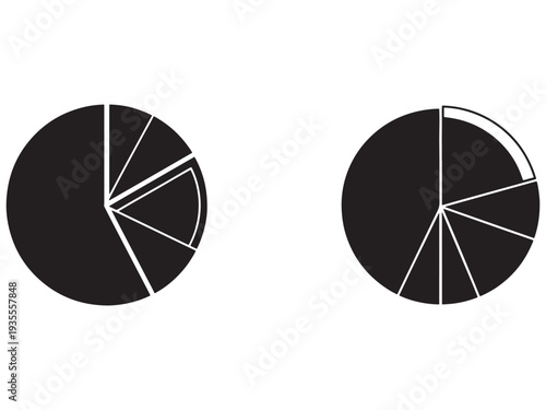 Two pie charts with multiple sections and white lines on white background