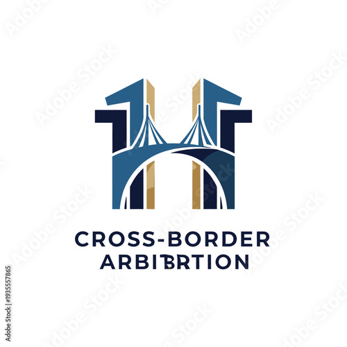 Cross-Border Arbitration Bridge and Building Logo, for International Legal Dispute Resolution, isolated white background.